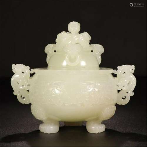 CHINESE WHITE JADE DRAGON HANDLE TRIPLE FEET LIDDED