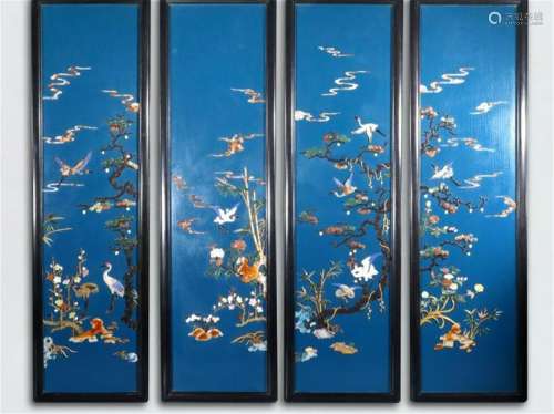 FOUR PANELS OF CHINESE GEM STONE INLAID BLUE LACQUER