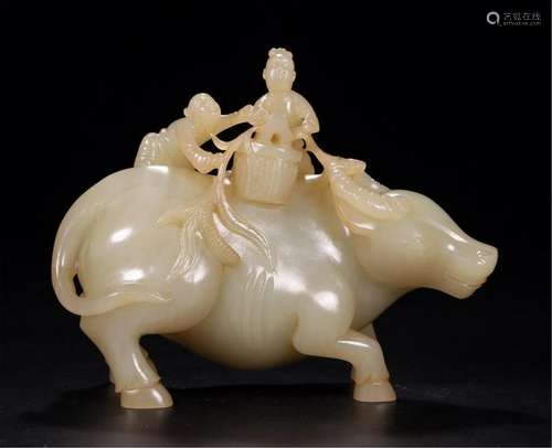 CHINESE GREY JADE BOY ON OX TABLE ITEM