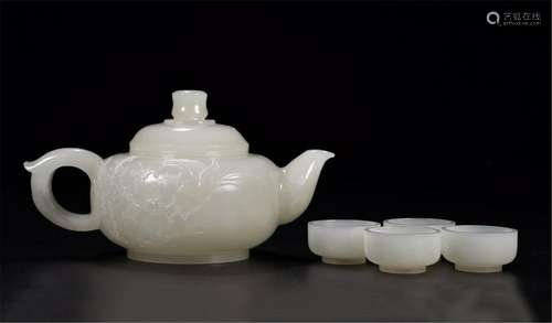 CHINESE WHITE JADE BIRD AND FLOWER TEA POT