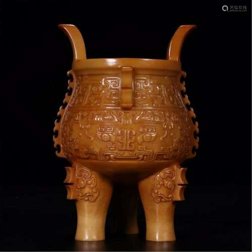 CHINESE YELLOW JADDE TRIPLE FEET HANDLED DING CENSER