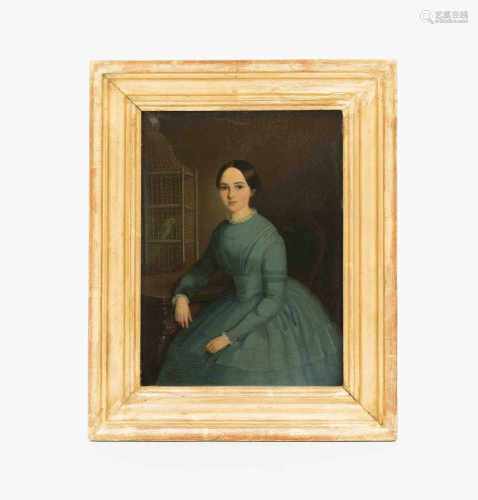 DamenporträtDeutschland, 19.Jh. Öl auf Metall, rechteckig. Junge Dame in blau-grünem Kleid, am Tisch