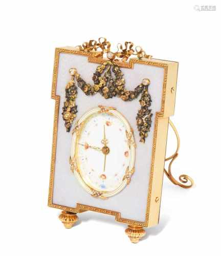 Tischuhr - in der Art von Fabergé1980er Jahre. Gold/Silber/Email. Gemarkt E. Meister, Zürich. Uhr