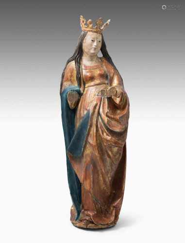 Weibliche HeiligeDeutsch, spätgotisch. Holz geschnitzt und vergoldet. Polychrome Fassung tlw.