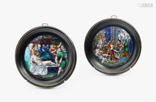 1 Paar EmailmedaillonsIn der Art von Limoges des 16.Jhs. Farbiges Maleremail auf Kupfer und