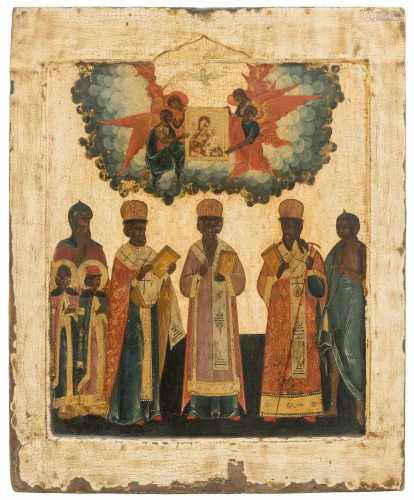 Synaxis der Heiligen HierarchenRussisch, um 1800. Tempera über Kreidegrund auf Holz. Im vertieften