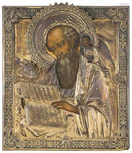 Evangelist Markus mit vergoldetem SilberokladRussisch, 19.Jh. (1) Ikone. Tempera über Kreidegrund