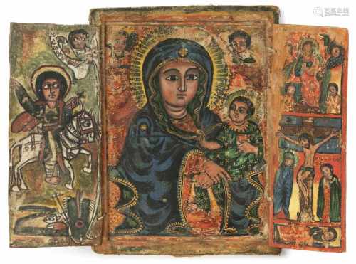TriptychonÄthiopien, 19./20.Jh., Flügel assortiert. Farbige Malerei über Kreidegrund und Leinwand