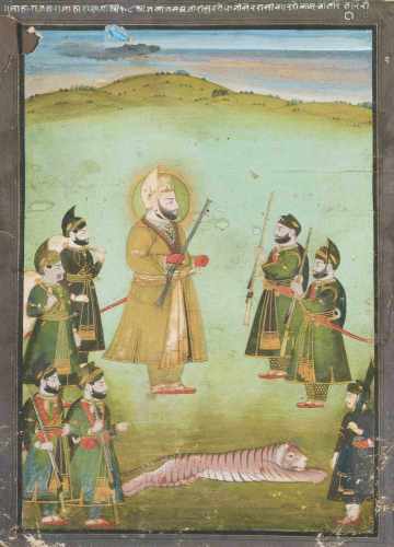 MiniaturmalereiIndien, Rajasthan. Pigmentfarben und Gold auf Papier. Maharaja mit Gewehr und seine