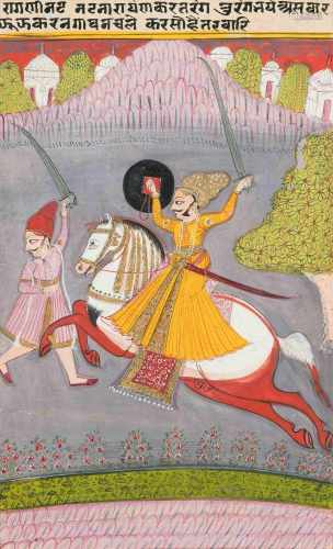 MiniaturmalereiIndien, Malwa oder Rajasthan. Pigmentfarben und Gold auf Papier. Fürst in gelbem