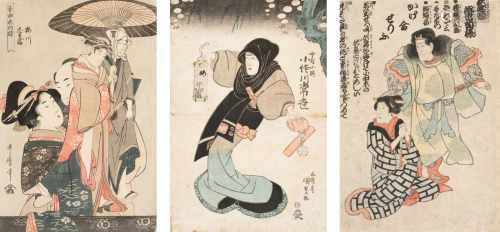 Lot: 3 HolzschnitteKunisada Toyokuni III (1786–1864), Schauspielerportait. / Utamaro (1753–1806), 