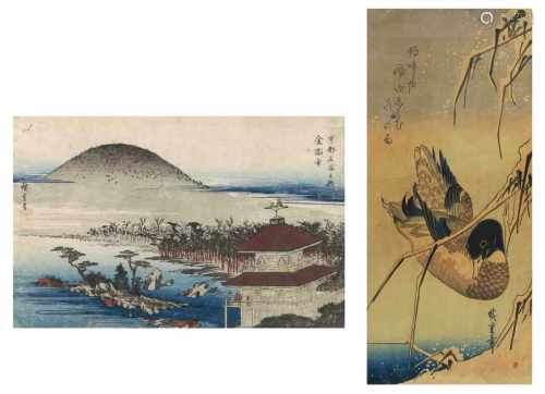 Lot: 2 Blätter von Hiroshige (1797–1858)Sechû Seri ni Kamo. Signiert mit rotem Siegel. 38x17 cm.