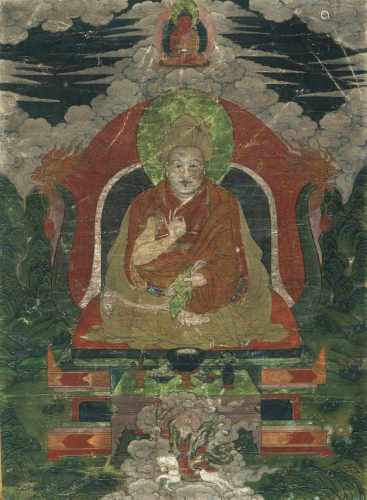 Thangka eines LamasTibet. Gouache und Gold auf Stoff. Auf Thron sitzender Lama, seine Rechte die