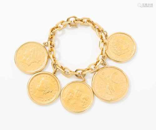 Münzen-Medaillen-Bracelet750 Gelbgold-Gliederkette. 5 diverse Goldmünzen: 900 Gelbgold bis Feingold.