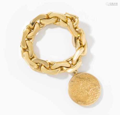 Medaille-Bracelet750/900 Gelbgold. Geschliffene Panzerkette L 20 cm, 95,4 g. Medaille 