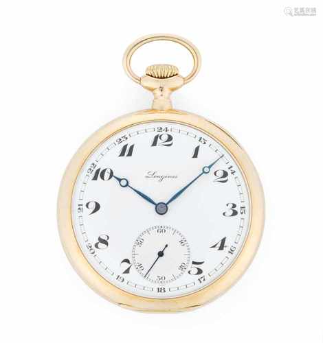 Longines LépinRunde, mechanische Taschenuhr mit Handaufzug um 1921 in 750 Gelbgoldgehäuse ca. 50