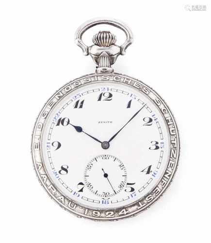 Zenith Schützenuhr Aarau 1924Runde, mechanische Taschenuhr 1924 mit Handaufzug in Silbergehäuse.