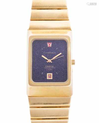 Omega Constellation Rechteckige Armbanduhr 1972 mit Quarzwerk in 750 Gelbgoldgehäuse mit Armband ca.