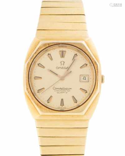 Omega ConstellationRunde Armbanduhr 70er Jahre mit Quarzwerk in 750 Gelbgoldgehäuse mit Armband
