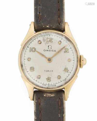 Omega TürlerRunde, mechanische Armbanduhr 1949 mit Handaufzug in 750 Gelbgoldgehäuse ca. 6 g.