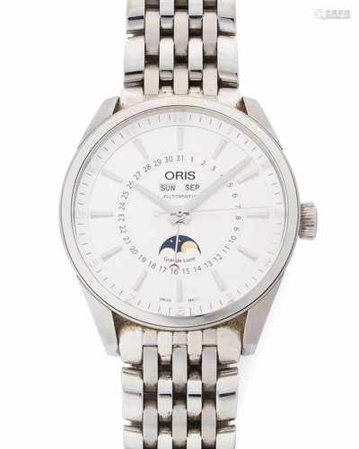 Oris Grande LuneRunde, automatische Armbanduhr 90er Jahre in Edelstahlgehäuse. Boden verschraubt mit