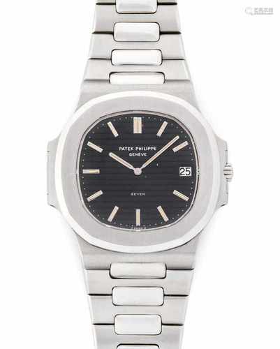 Patek Philippe NautilusAbgerundete, automatische Armbanduhr 1978 in Edelstahlgehäuse. Boden mit