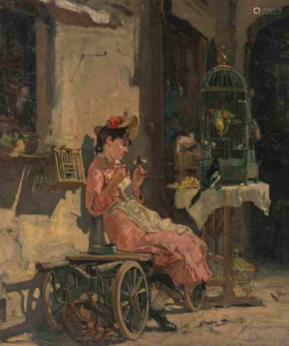 Durand, Simon(1838 Genf 1896)Eine junge Frau versucht einem ihrer Singvögel ein Kunststück