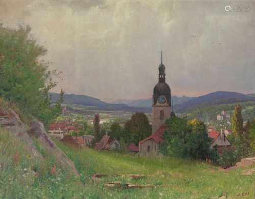 Gos, Albert(1852 Genf 1942)Blick auf Schönenwerd, mit der Stiftskirche im Vordergrund. Öl auf