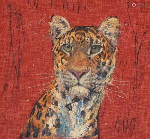 Hug, Fritz(Dornach 1921–1989 Zürich)Junge Leopardin, 1968. Öl auf rotem Tuch über Leinwand. Unten