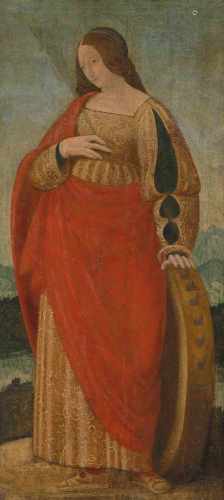 Oberitalien, Anfang 16.Jh. Die Heilige Katharina von Alexandria. Tempera auf Holz. 79,5x40,5 cm.-