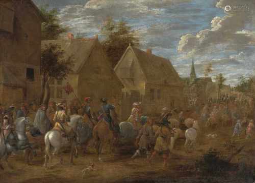 Hondt, Lambert de I(vor 1620–1665 Mechelen)In ein Dorf ziehen Reitertruppen ein. Wohl um 1665. Öl