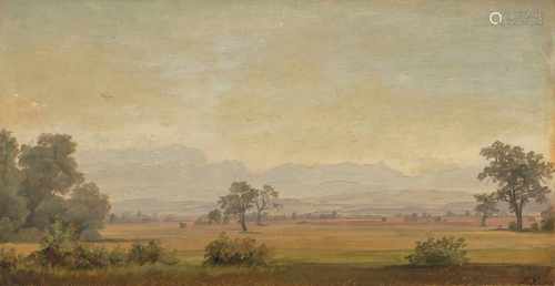 Voltz, Friedrich Johann (Nördlingen 1817–1886 München)Weite, baumbestandene Landschaft. Öl auf