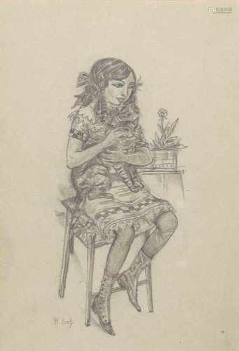 Schlichter, Rudolf(Calw 1890–1955 München)Sitzende Frau mit Katze. Bleistift auf Papier. Unten links