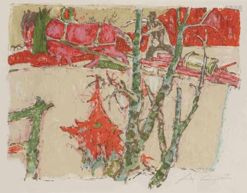 Carigiet, Alois(Trun 1902–1985 Trun)Landschaft mit Pferdegespann 1967. Farblithographie. Unten