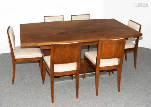 Tisch mit sechs StühlenArt-Deco ca. 1920. Nussbaum, Aluminium. U-förmiges Fussgestell auf