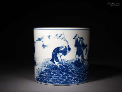 A BLUE AND WHITE EIGHT IMMORTALS BRUSH POT, 19TH CENTURY