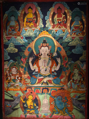 A THANGKA DEPICTING SADAKSARI AVALOKITESVARA TIBET, 19TH CENTURY