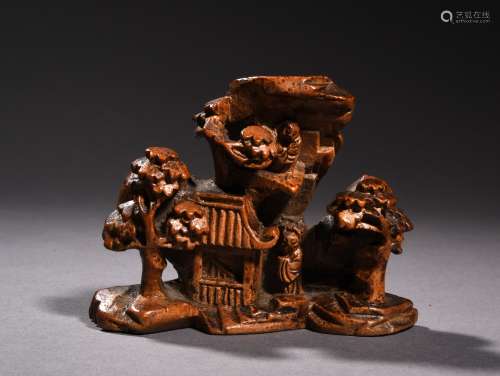 A BAMBOO-ROOT CARVING OF A FIGURE IN LANDSCAPE, 16TH CENTURY