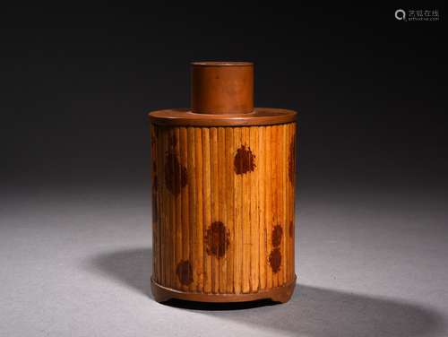 A BAMBOO INLAID BRONZE TEA CADDY, 19TH CENTURY