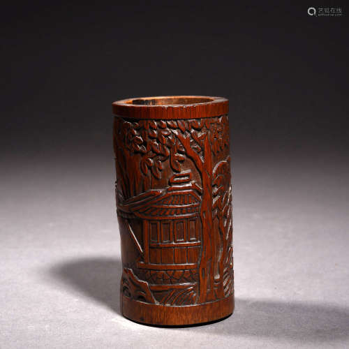 A BAMBOO-ROOT CARVING OF LANDSCAPE INCENSE HOLDER, 19TH CENTURY