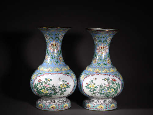 A PAIR OF PAINTED ENAMEL VASES, 19TH CENTURY