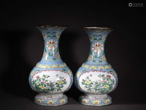 A PAIR OF PAINTED ENAMEL VASES, 19TH CENTURY