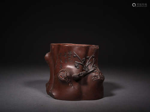 A YIXING-GLAZED TRUNK-FORM BRUSHPOT,18TH CENTURY