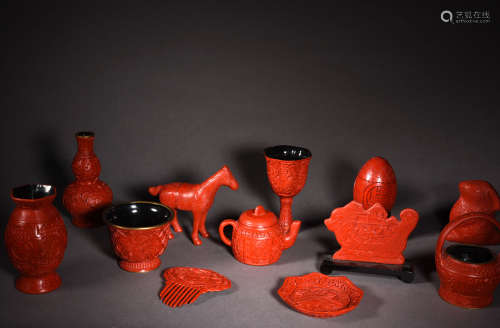 A GROUP OF CINNABAR LACQUER OBJECTS, 19TH CENTURY