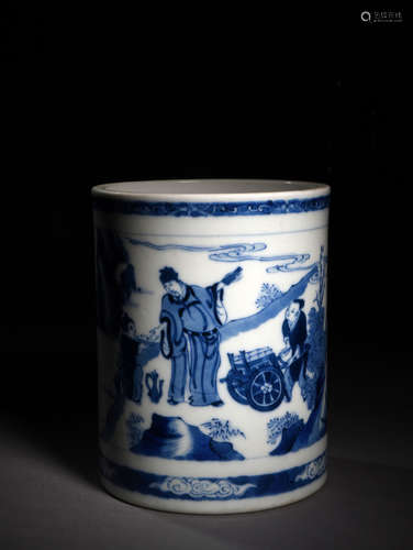 A BLUE AND WHITE FIGURED IN LANDSCAPE BRUSH POT, 18TH CENTURY