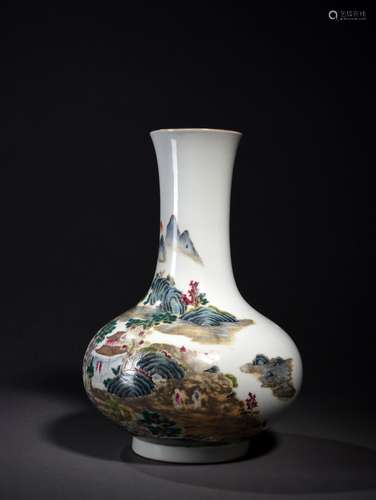 A FAMILLE ROSE LANDSCAPE  VASE, 18TH CENTURY