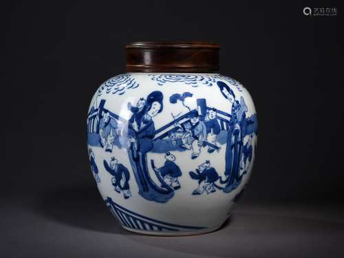 A BLUE AND WHITE FIGURES JAR, 18TH CENTURY