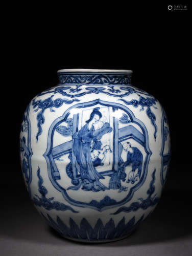 A BLUE AND WHITE RESERVED PANEL JAR, 16TH/17TH CENTURY