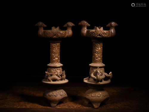 A PAIR OF BRONZE CANDLE STICKS, 16TH CENTURY