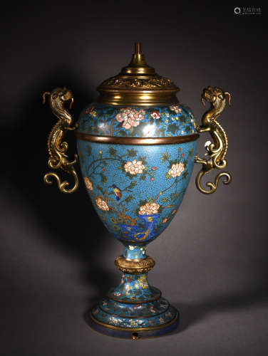 A CLOISONNÉ ENAMEL CUP MOUNTED AS LAMP